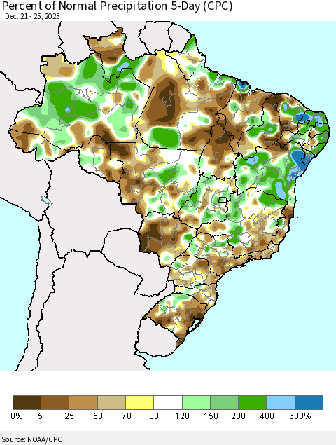 Brazil Percent of Normal Precipitation 5-Day (CPC) Thematic Map For 12/21/2023 - 12/25/2023