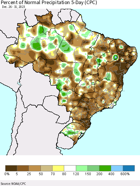 Brazil Percent of Normal Precipitation 5-Day (CPC) Thematic Map For 12/26/2023 - 12/31/2023