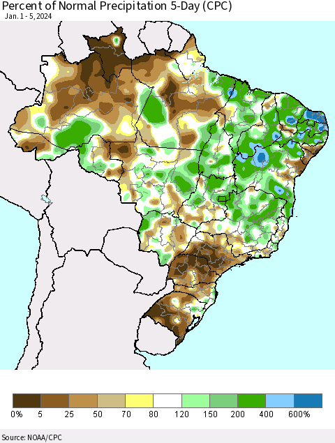 Brazil Percent of Normal Precipitation 5-Day (CPC) Thematic Map For 1/1/2024 - 1/5/2024
