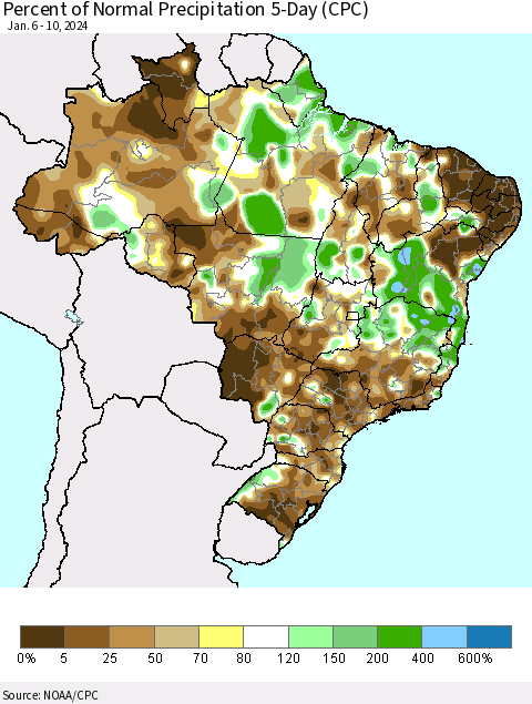 Brazil Percent of Normal Precipitation 5-Day (CPC) Thematic Map For 1/6/2024 - 1/10/2024
