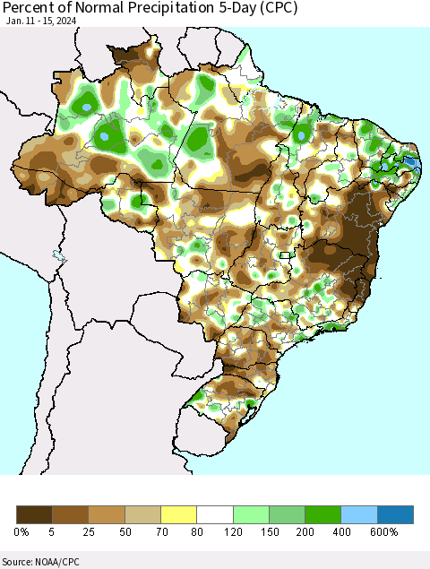 Brazil Percent of Normal Precipitation 5-Day (CPC) Thematic Map For 1/11/2024 - 1/15/2024