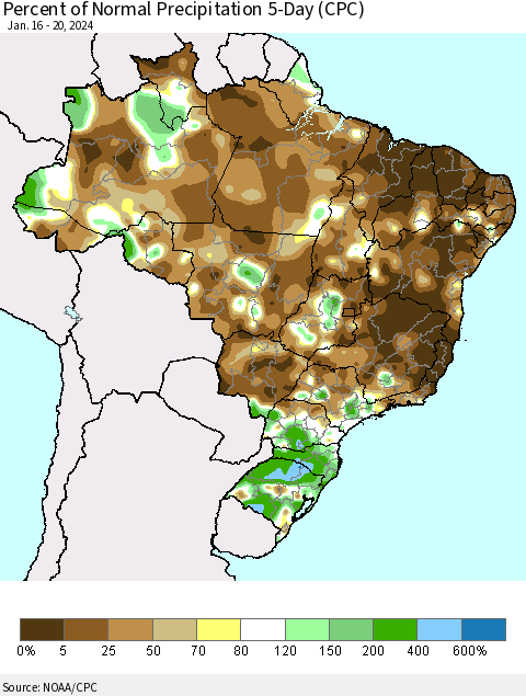 Brazil Percent of Normal Precipitation 5-Day (CPC) Thematic Map For 1/16/2024 - 1/20/2024