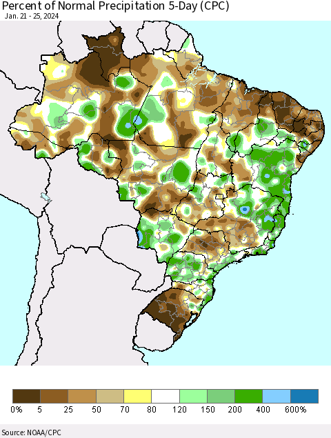 Brazil Percent of Normal Precipitation 5-Day (CPC) Thematic Map For 1/21/2024 - 1/25/2024