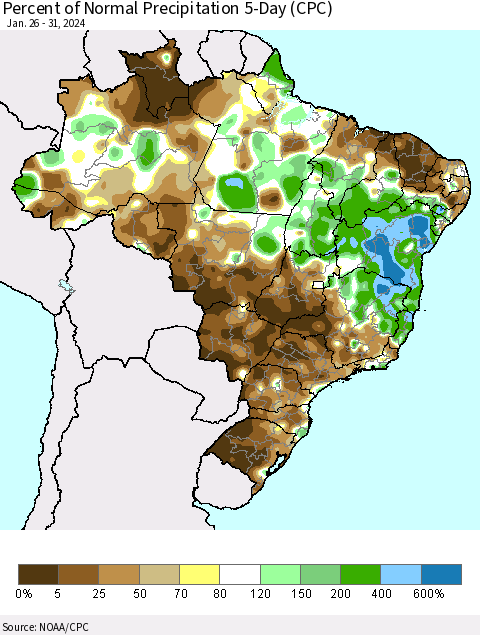 Brazil Percent of Normal Precipitation 5-Day (CPC) Thematic Map For 1/26/2024 - 1/31/2024