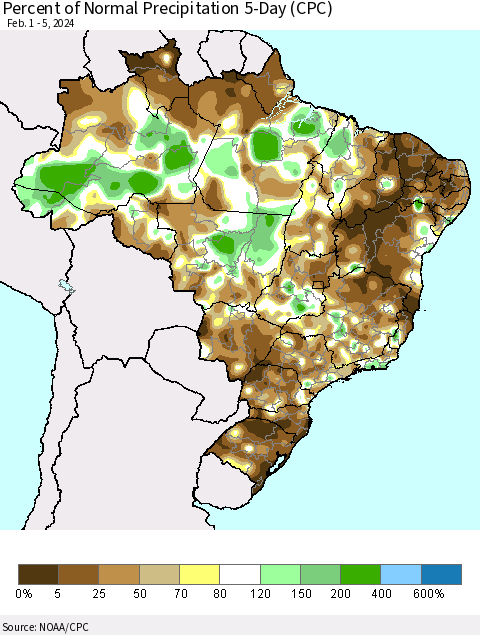 Brazil Percent of Normal Precipitation 5-Day (CPC) Thematic Map For 2/1/2024 - 2/5/2024