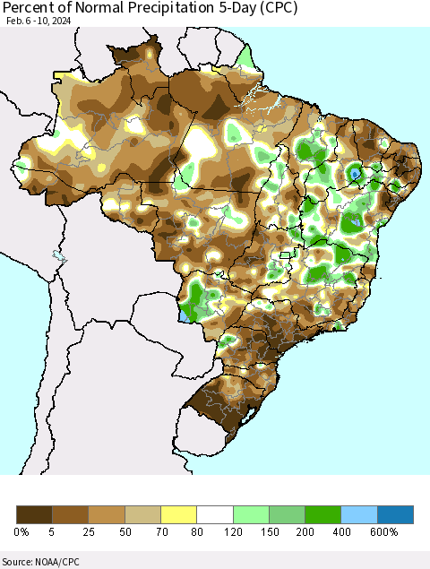 Brazil Percent of Normal Precipitation 5-Day (CPC) Thematic Map For 2/6/2024 - 2/10/2024