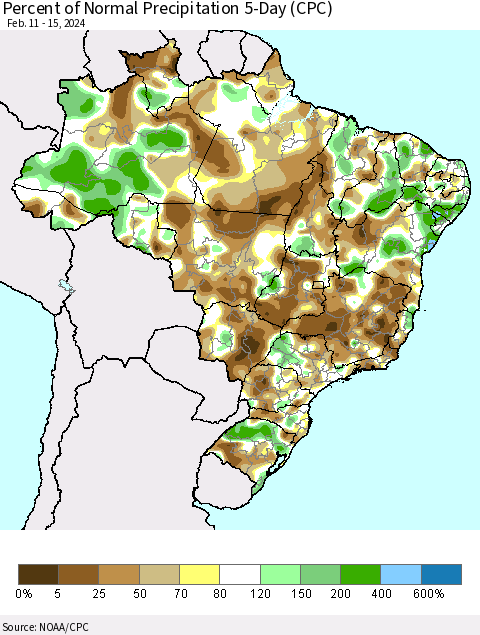 Brazil Percent of Normal Precipitation 5-Day (CPC) Thematic Map For 2/11/2024 - 2/15/2024