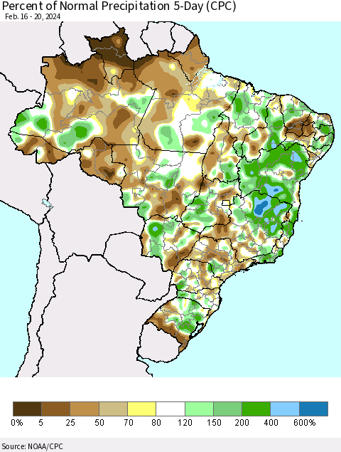 Brazil Percent of Normal Precipitation 5-Day (CPC) Thematic Map For 2/16/2024 - 2/20/2024