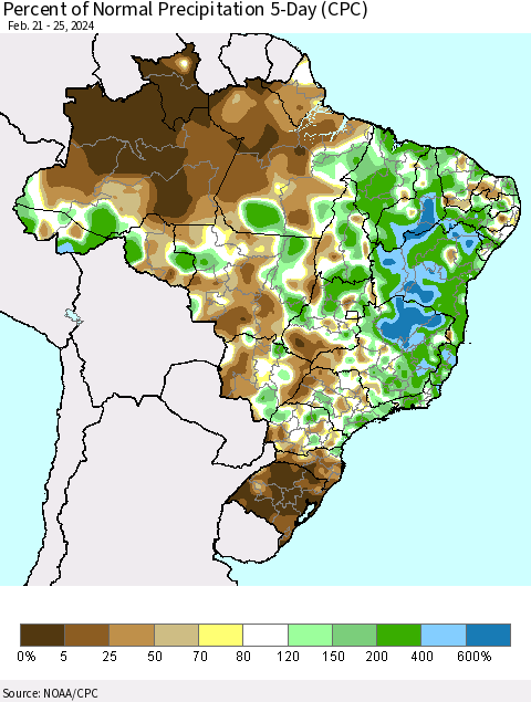 Brazil Percent of Normal Precipitation 5-Day (CPC) Thematic Map For 2/21/2024 - 2/25/2024