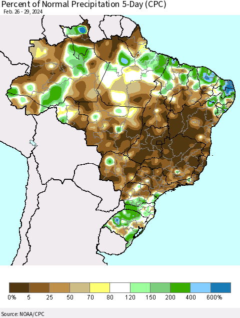 Brazil Percent of Normal Precipitation 5-Day (CPC) Thematic Map For 2/26/2024 - 2/29/2024