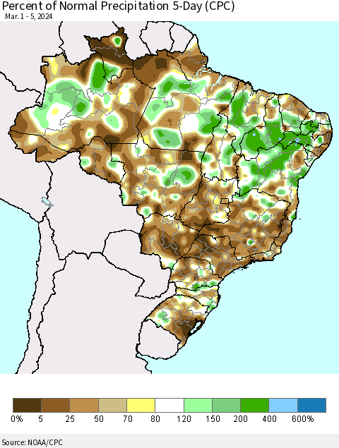 Brazil Percent of Normal Precipitation 5-Day (CPC) Thematic Map For 3/1/2024 - 3/5/2024