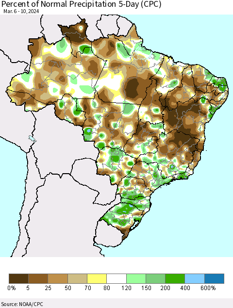 Brazil Percent of Normal Precipitation 5-Day (CPC) Thematic Map For 3/6/2024 - 3/10/2024