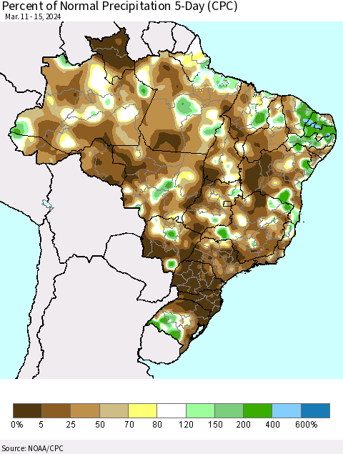 Brazil Percent of Normal Precipitation 5-Day (CPC) Thematic Map For 3/11/2024 - 3/15/2024