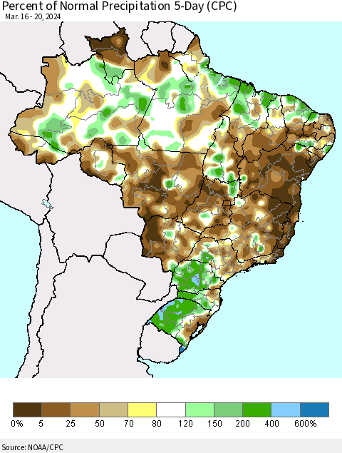 Brazil Percent of Normal Precipitation 5-Day (CPC) Thematic Map For 3/16/2024 - 3/20/2024
