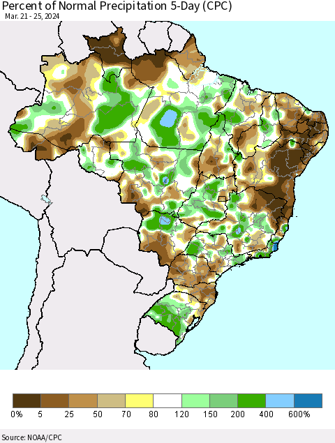 Brazil Percent of Normal Precipitation 5-Day (CPC) Thematic Map For 3/21/2024 - 3/25/2024