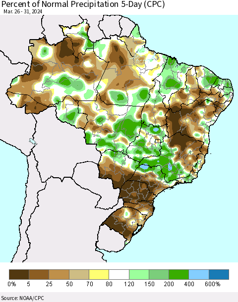Brazil Percent of Normal Precipitation 5-Day (CPC) Thematic Map For 3/26/2024 - 3/31/2024