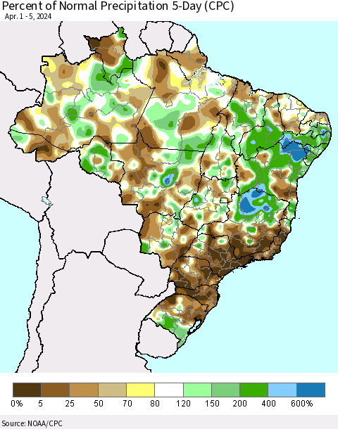 Brazil Percent of Normal Precipitation 5-Day (CPC) Thematic Map For 4/1/2024 - 4/5/2024