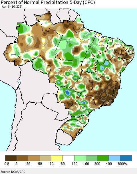 Brazil Percent of Normal Precipitation 5-Day (CPC) Thematic Map For 4/6/2024 - 4/10/2024
