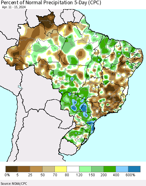 Brazil Percent of Normal Precipitation 5-Day (CPC) Thematic Map For 4/11/2024 - 4/15/2024