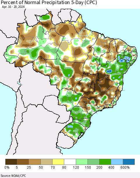 Brazil Percent of Normal Precipitation 5-Day (CPC) Thematic Map For 4/16/2024 - 4/20/2024