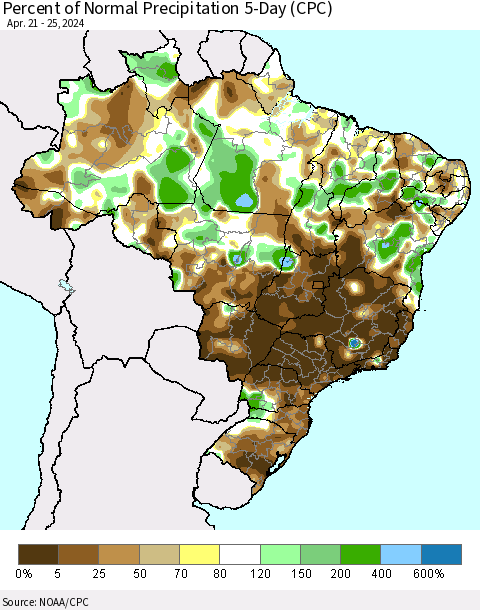 Brazil Percent of Normal Precipitation 5-Day (CPC) Thematic Map For 4/21/2024 - 4/25/2024