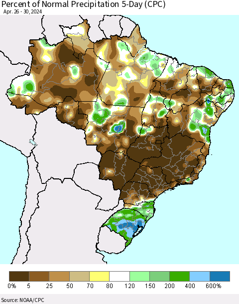 Brazil Percent of Normal Precipitation 5-Day (CPC) Thematic Map For 4/26/2024 - 4/30/2024
