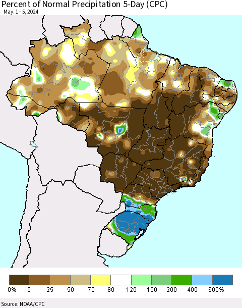 Brazil Percent of Normal Precipitation 5-Day (CPC) Thematic Map For 5/1/2024 - 5/5/2024