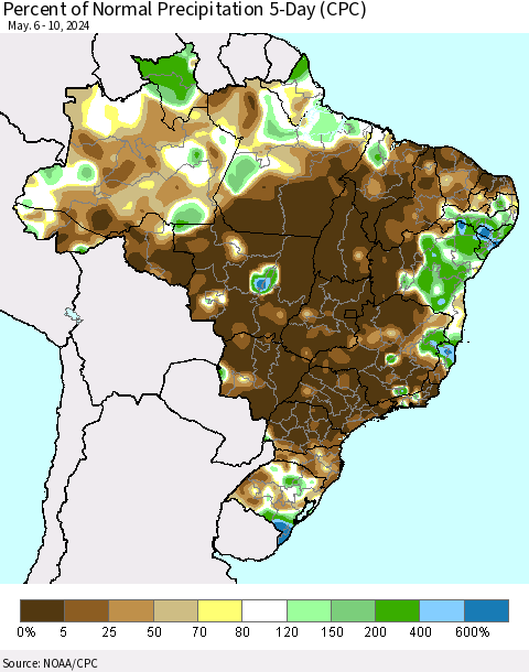 Brazil Percent of Normal Precipitation 5-Day (CPC) Thematic Map For 5/6/2024 - 5/10/2024