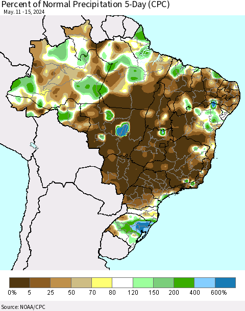 Brazil Percent of Normal Precipitation 5-Day (CPC) Thematic Map For 5/11/2024 - 5/15/2024