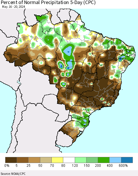 Brazil Percent of Normal Precipitation 5-Day (CPC) Thematic Map For 5/16/2024 - 5/20/2024