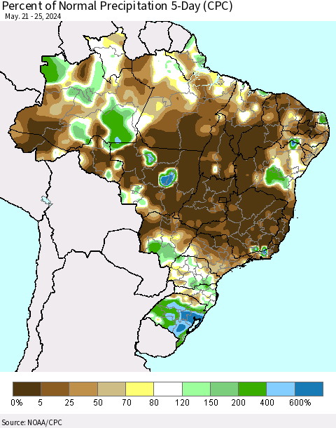 Brazil Percent of Normal Precipitation 5-Day (CPC) Thematic Map For 5/21/2024 - 5/25/2024