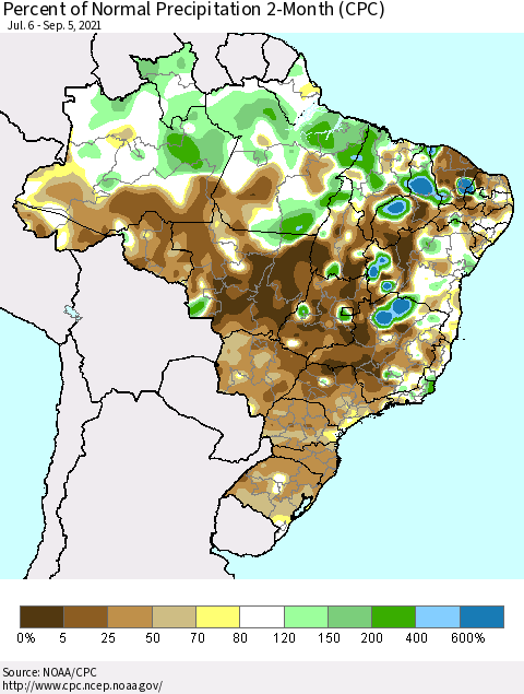 Brazil Percent of Normal Precipitation 2-Month (CPC) Thematic Map For 7/6/2021 - 9/5/2021