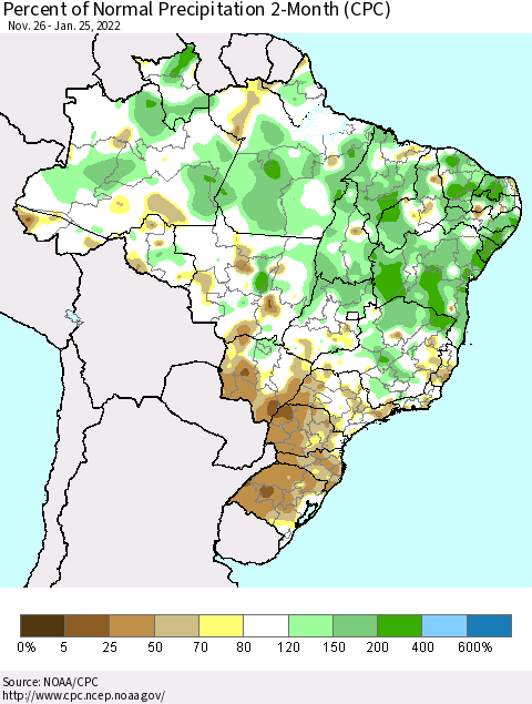 Brazil Percent of Normal Precipitation 2-Month (CPC) Thematic Map For 11/26/2021 - 1/25/2022