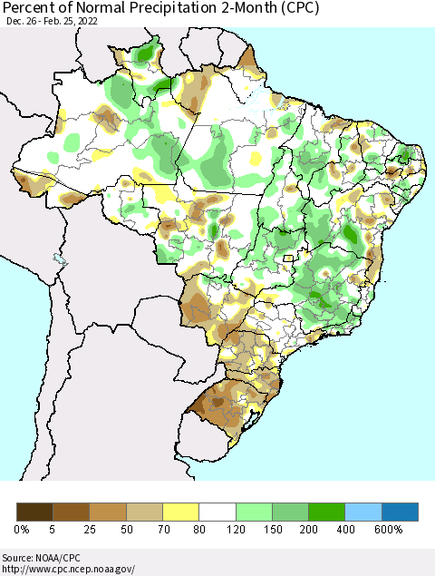 Brazil Percent of Normal Precipitation 2-Month (CPC) Thematic Map For 12/26/2021 - 2/25/2022