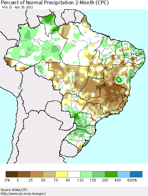 Brazil Percent of Normal Precipitation 2-Month (CPC) Thematic Map For 2/21/2022 - 4/20/2022