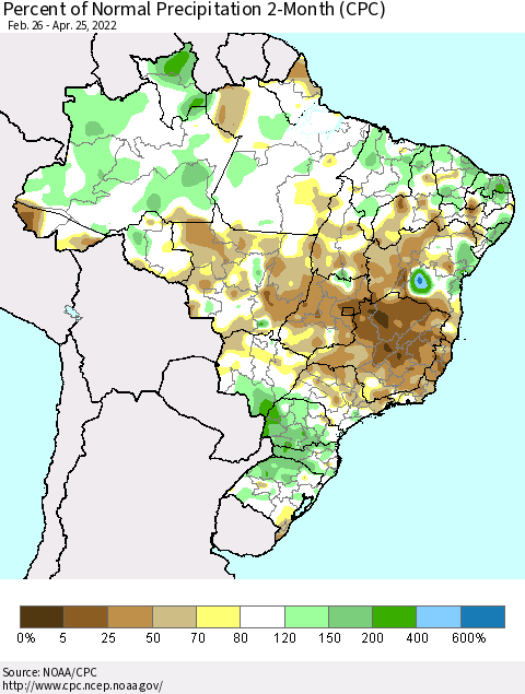 Brazil Percent of Normal Precipitation 2-Month (CPC) Thematic Map For 2/26/2022 - 4/25/2022