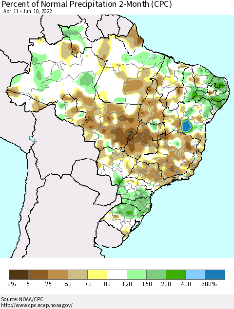 Brazil Percent of Normal Precipitation 2-Month (CPC) Thematic Map For 4/11/2022 - 6/10/2022