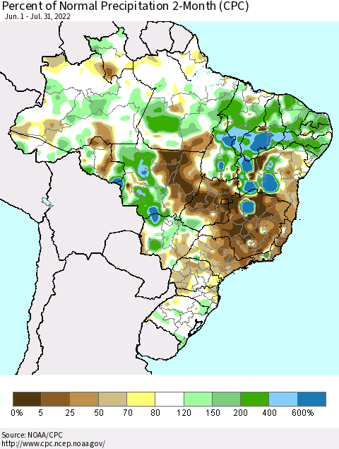 Brazil Percent of Normal Precipitation 2-Month (CPC) Thematic Map For 6/1/2022 - 7/31/2022
