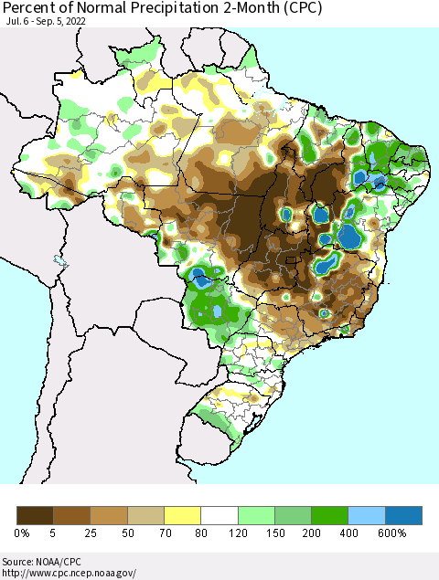 Brazil Percent of Normal Precipitation 2-Month (CPC) Thematic Map For 7/6/2022 - 9/5/2022