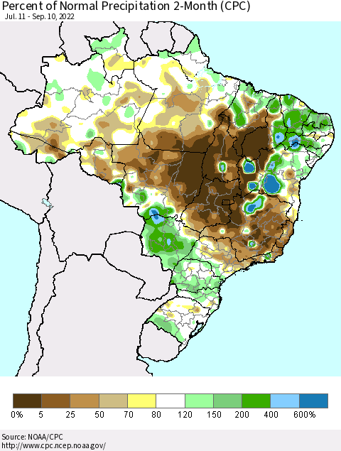 Brazil Percent of Normal Precipitation 2-Month (CPC) Thematic Map For 7/11/2022 - 9/10/2022