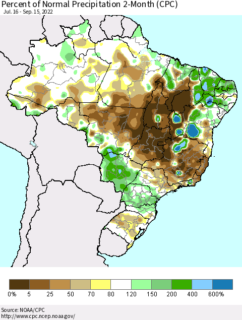 Brazil Percent of Normal Precipitation 2-Month (CPC) Thematic Map For 7/16/2022 - 9/15/2022