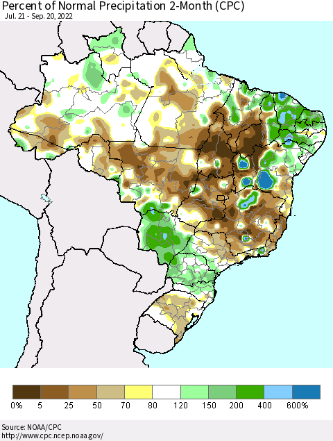 Brazil Percent of Normal Precipitation 2-Month (CPC) Thematic Map For 7/21/2022 - 9/20/2022