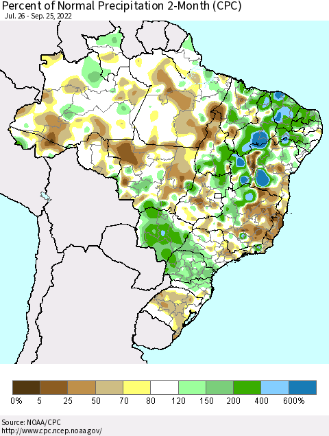 Brazil Percent of Normal Precipitation 2-Month (CPC) Thematic Map For 7/26/2022 - 9/25/2022