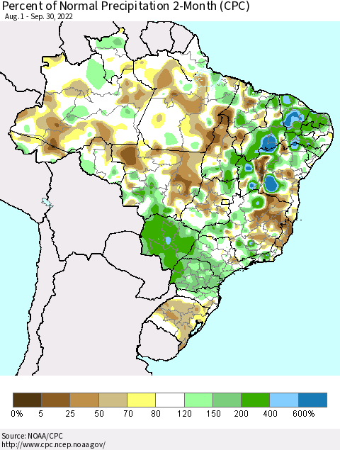 Brazil Percent of Normal Precipitation 2-Month (CPC) Thematic Map For 8/1/2022 - 9/30/2022