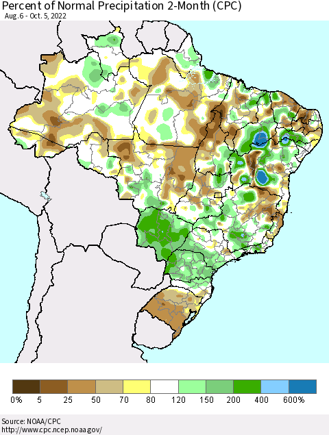 Brazil Percent of Normal Precipitation 2-Month (CPC) Thematic Map For 8/6/2022 - 10/5/2022