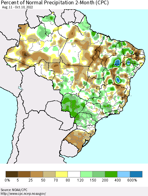 Brazil Percent of Normal Precipitation 2-Month (CPC) Thematic Map For 8/11/2022 - 10/10/2022