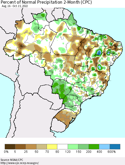 Brazil Percent of Normal Precipitation 2-Month (CPC) Thematic Map For 8/16/2022 - 10/15/2022