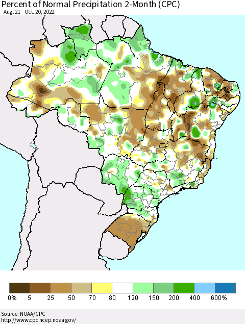 Brazil Percent of Normal Precipitation 2-Month (CPC) Thematic Map For 8/21/2022 - 10/20/2022