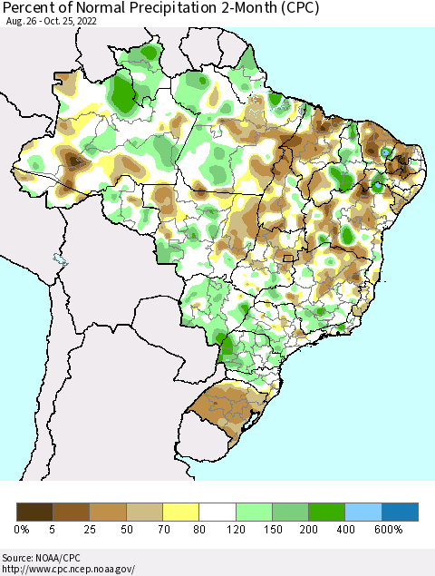 Brazil Percent of Normal Precipitation 2-Month (CPC) Thematic Map For 8/26/2022 - 10/25/2022