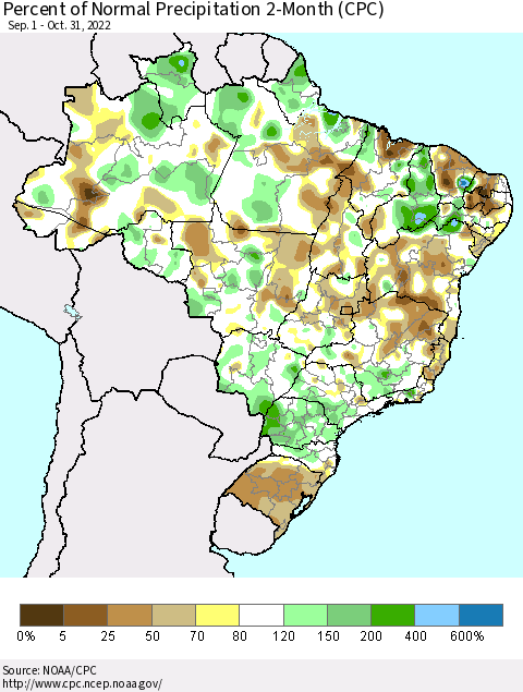 Brazil Percent of Normal Precipitation 2-Month (CPC) Thematic Map For 9/1/2022 - 10/31/2022